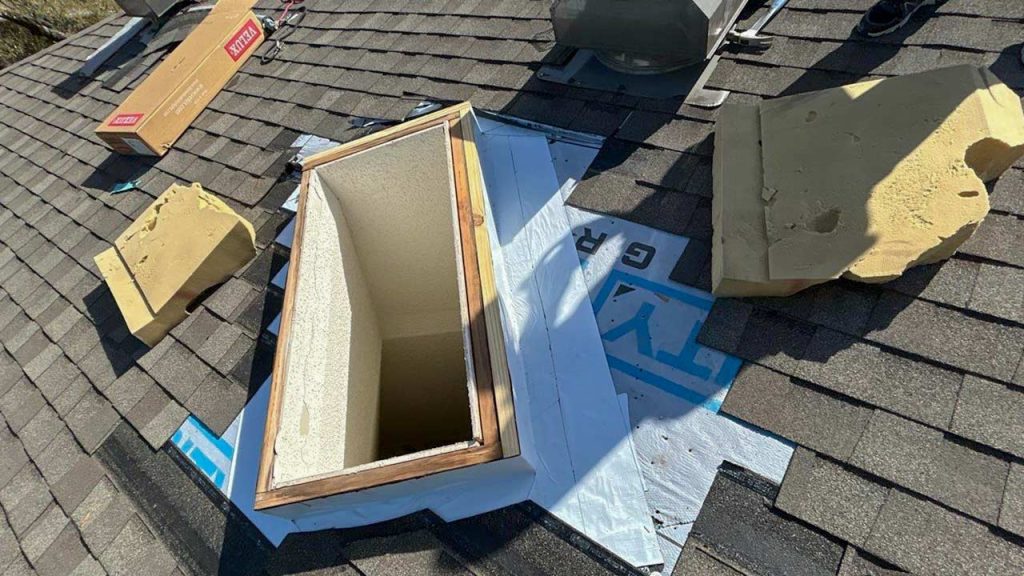 An image of a skylight curb with surrounding shingles removed.