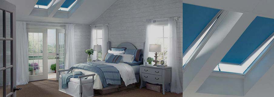 A bedroom with blue skylight shades,