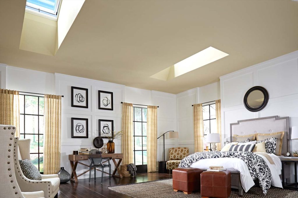 A bedroom with skylights.