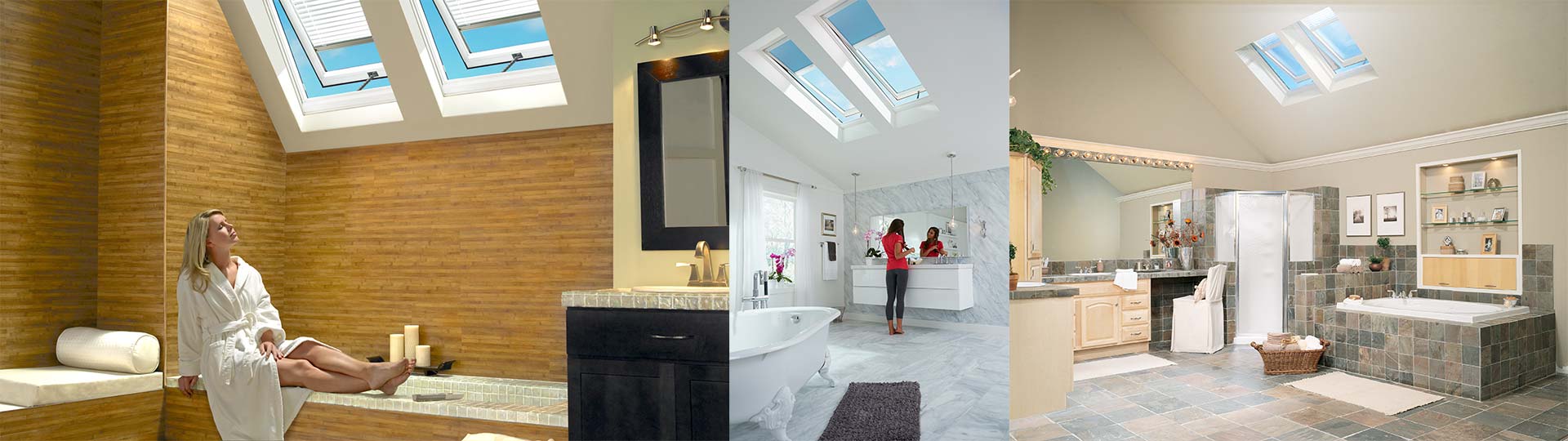 Three images of bathrooms with skylights.