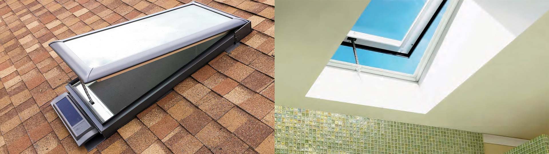 A Velux solar skylight on the roof and a venting skyllight open in a bathroom.