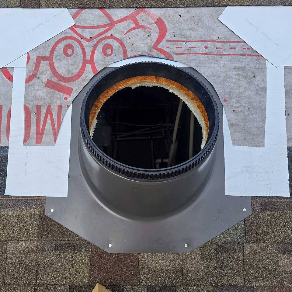 A view of a Velux Sun Tunnel flashing sinstalled on the roof.