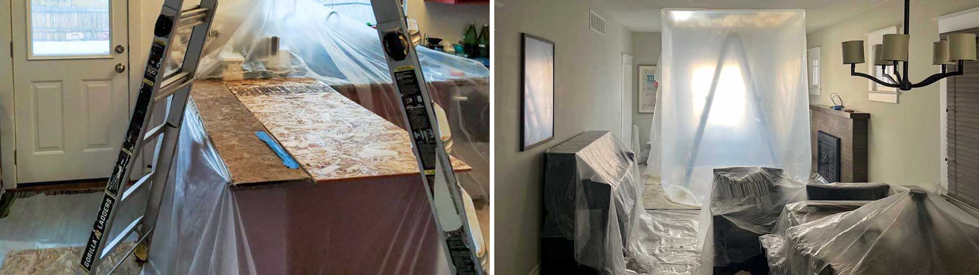 Protecting your home with plywood and plastic sheeting.