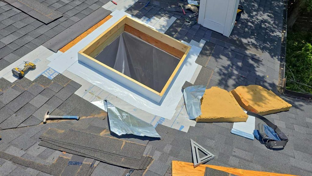 The hole is cut in the roof for the new skylight is surrounded with a curb and underlayment