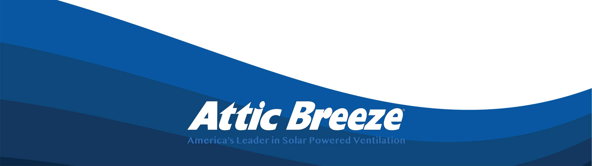 Attic Breeze logo with tagline "America's Leader in Solar Powered Ventilation" on a blue wave graphic background.