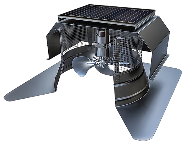 Cutaway diagram of an Attic Breeze solar-powered attic ventilation fan mounted on a roof base