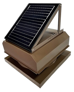 Attic Breeze curb-mounted solar attic fan in tan with a raised, adjustable solar panel.