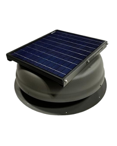 Attic Breeze self-flashing solar attic fan in dark gray with an adjustable solar panel.