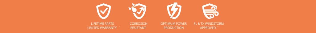 Four orange feature icons highlighting Attic Breeze benefits: Lifetime Parts Limited Warranty, Corrosion Resistant, Optimum Power Production, and FL & TX Windstorm Approved.